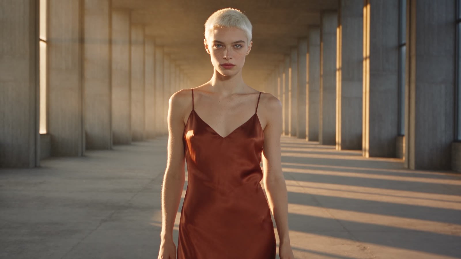 A model in a rust satin dress walks through a sunlit colonnade