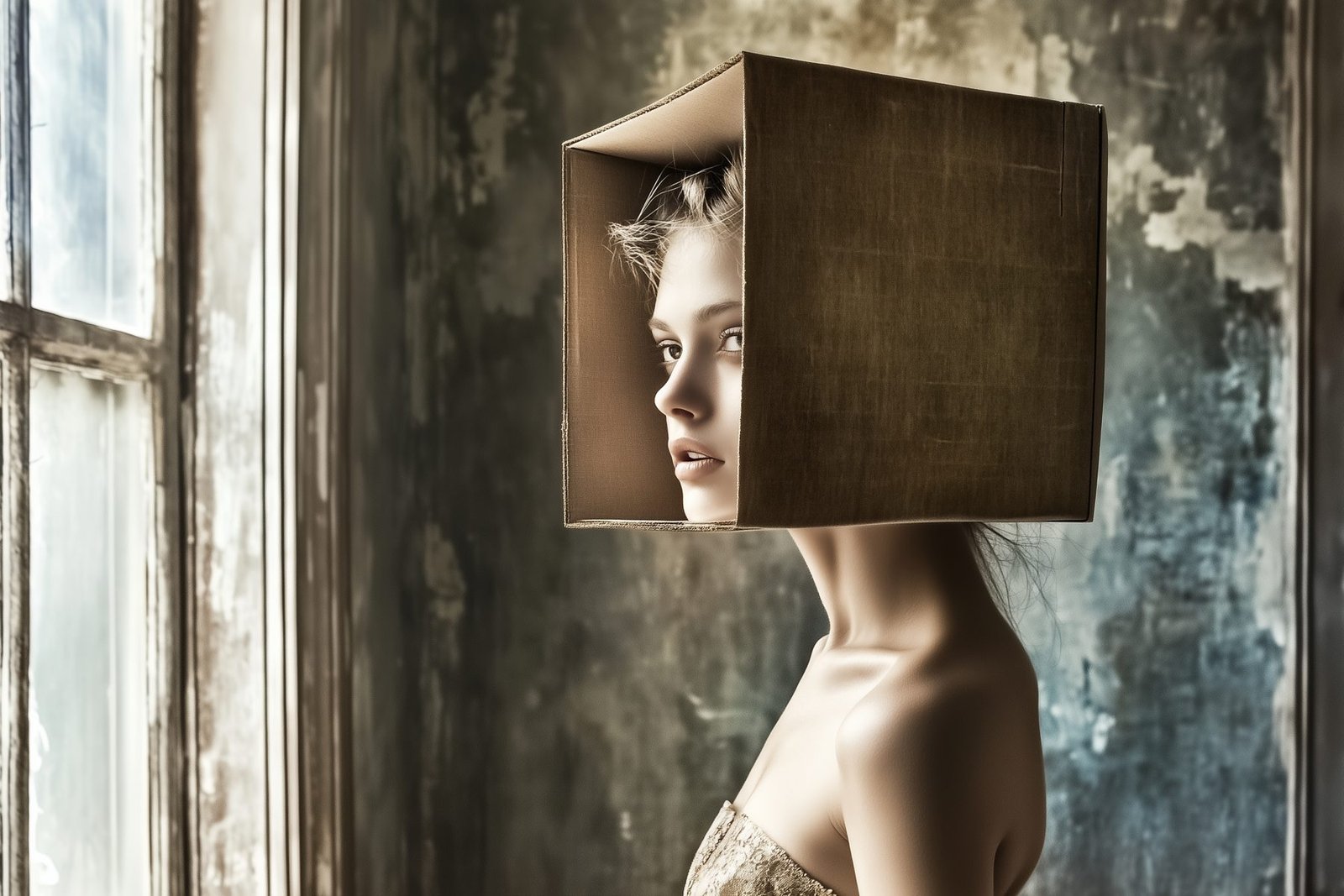 A woman with a cardboard box over her head stands by a window