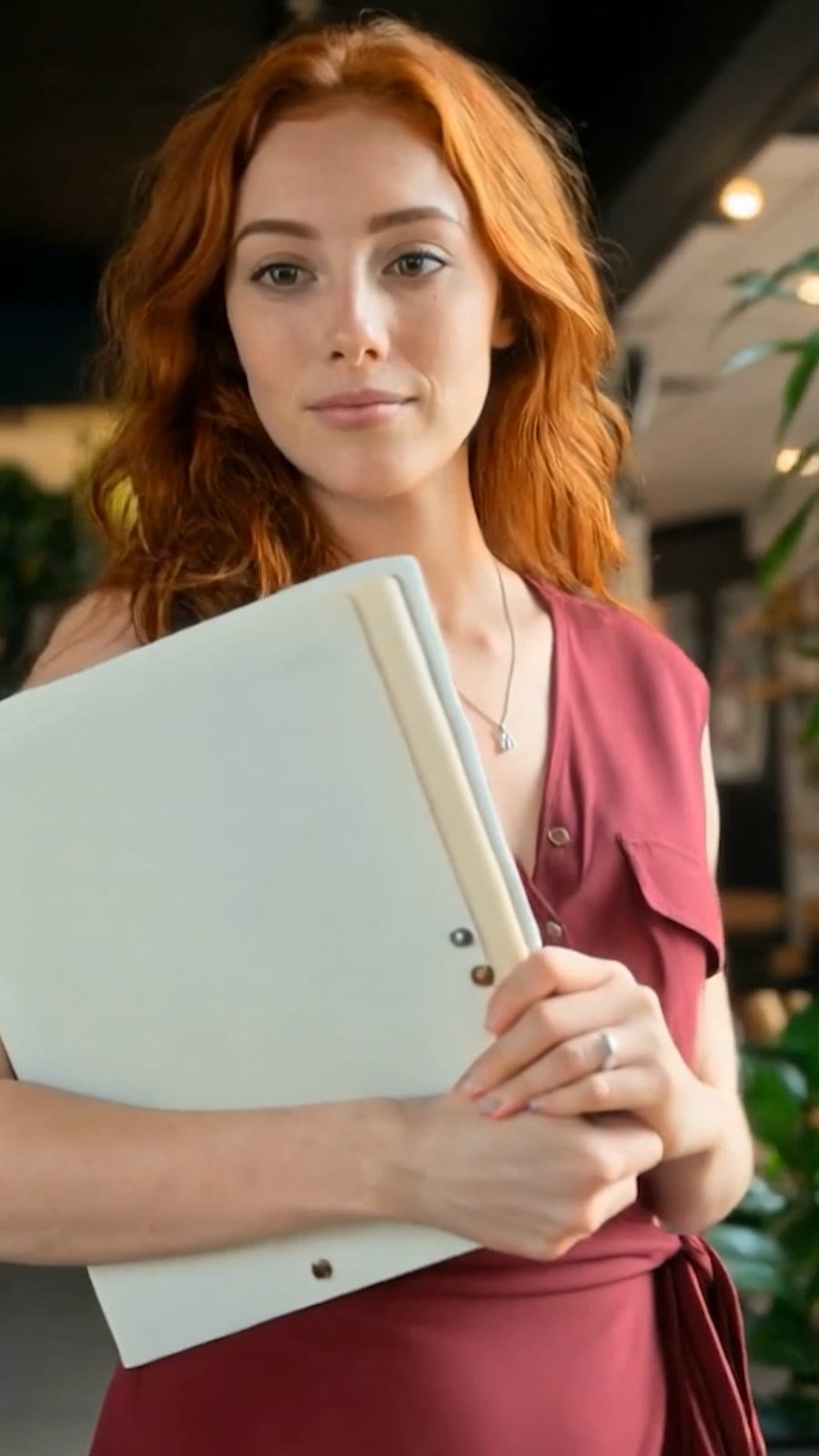 A red-haired woman in a burgundy dress holds a notebook in a café