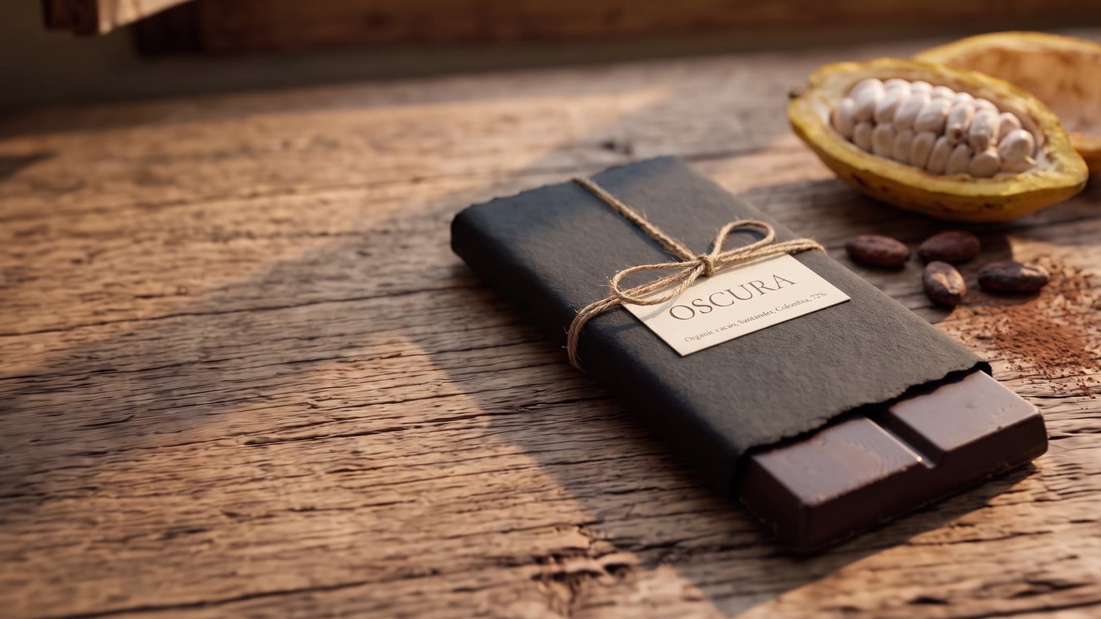 A wrapped dark chocolate bar next to an open cacao pod on rustic wood