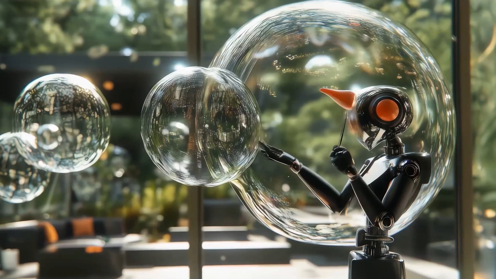 A small robot blowing glass bubbles on a terrace