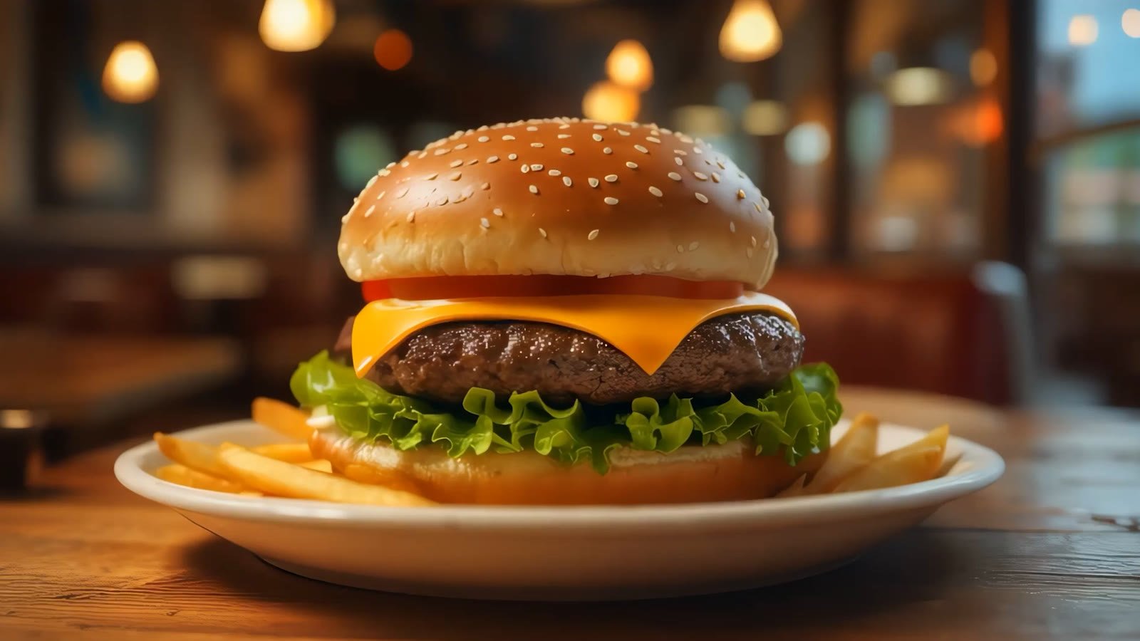 A cheeseburger and fries on a plate in a diner