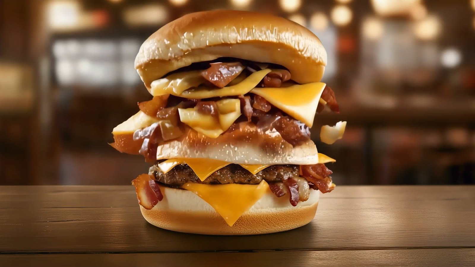A cheeseburger with its ingredients flying apart in mid-air