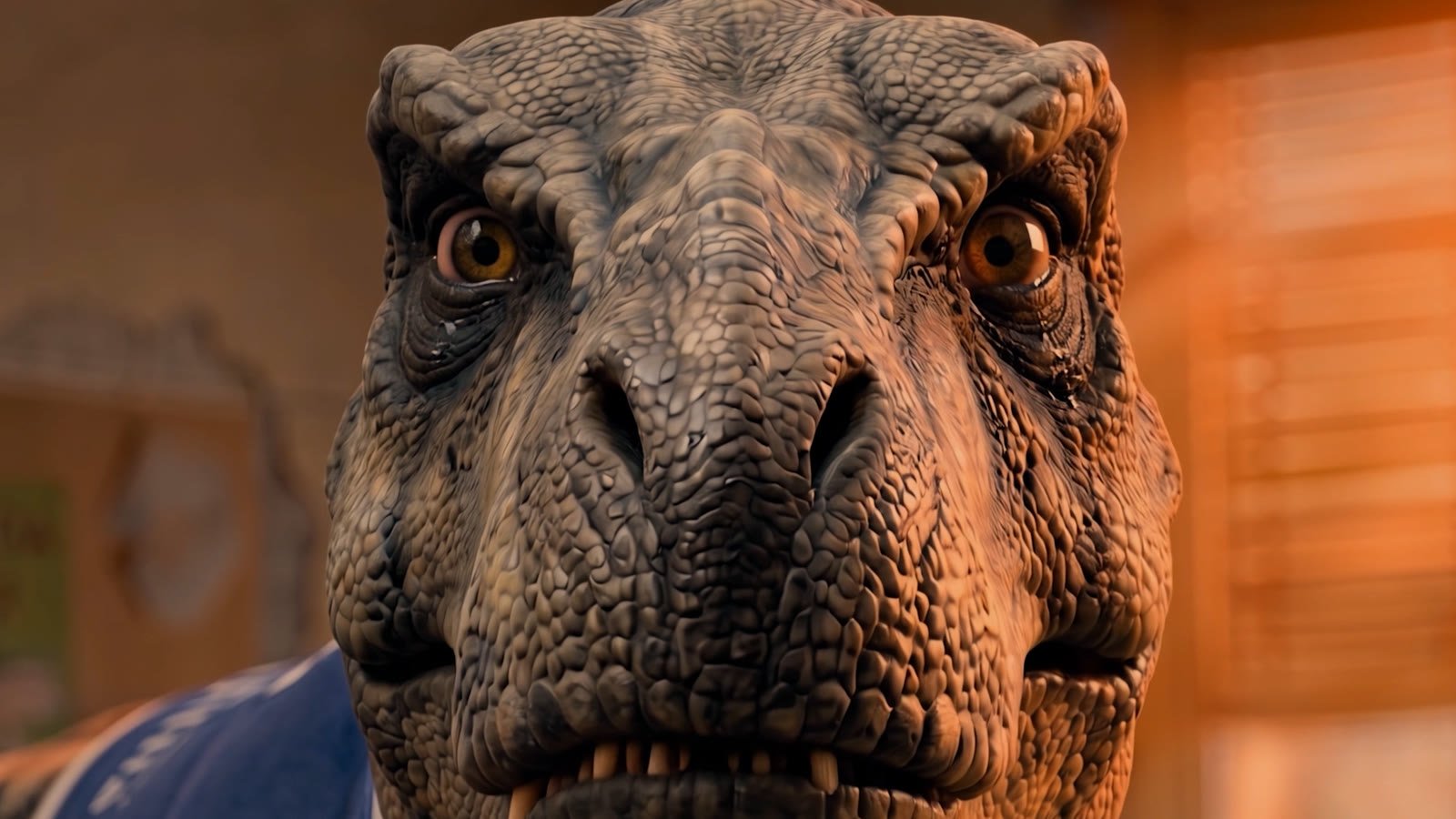 Close-up of a dinosaur looking straight at camera