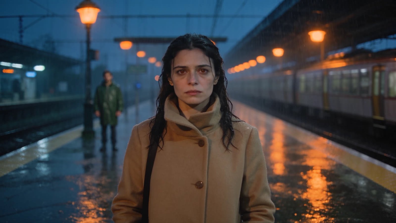 A young woman on a rainy train platform at dusk