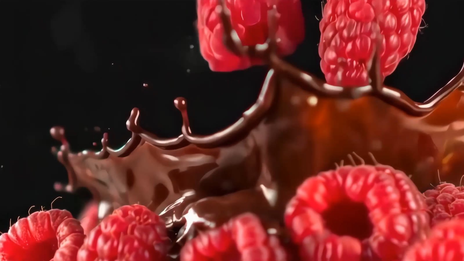 Chocolate splashing over fresh raspberries