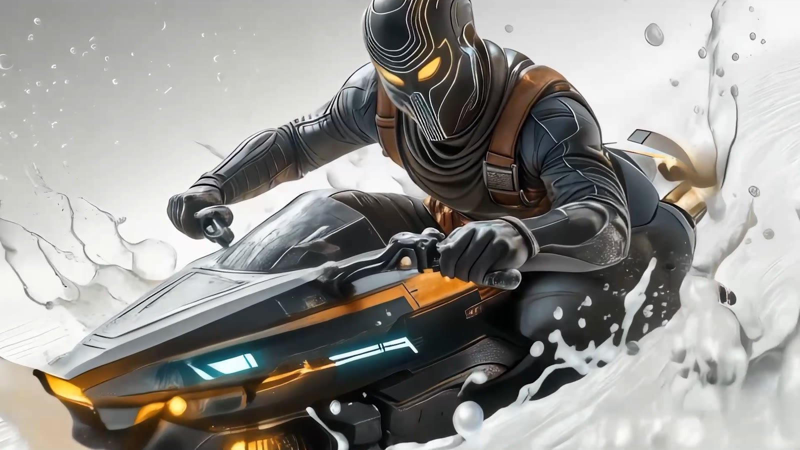 A masked rider on a futuristic jet ski splashing through milk