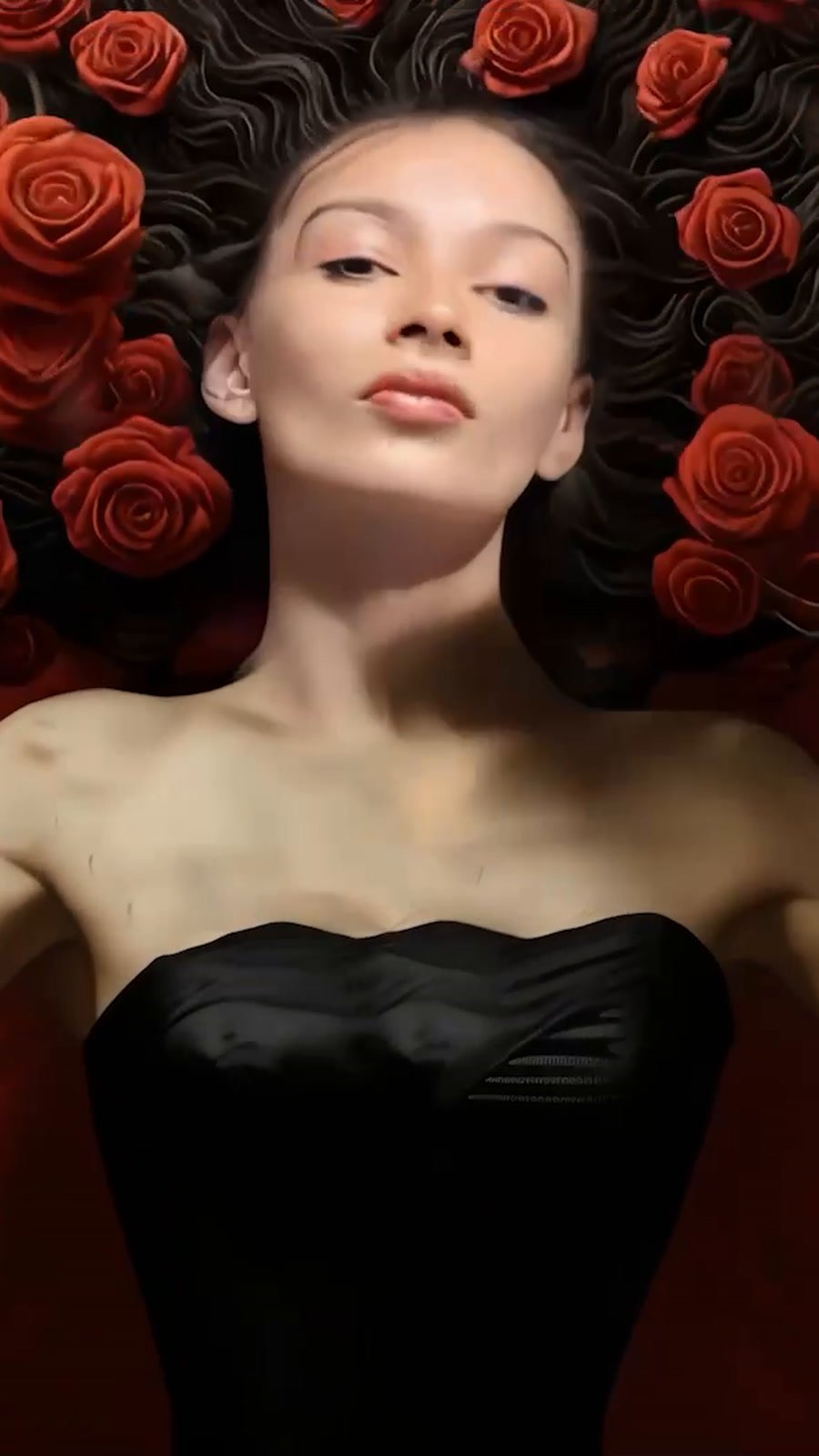 A woman in a black dress lying on red fabric