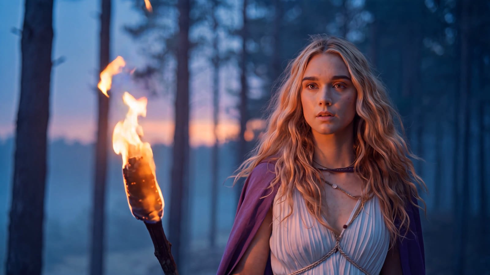 A young woman with a torch in a misty forest at dusk