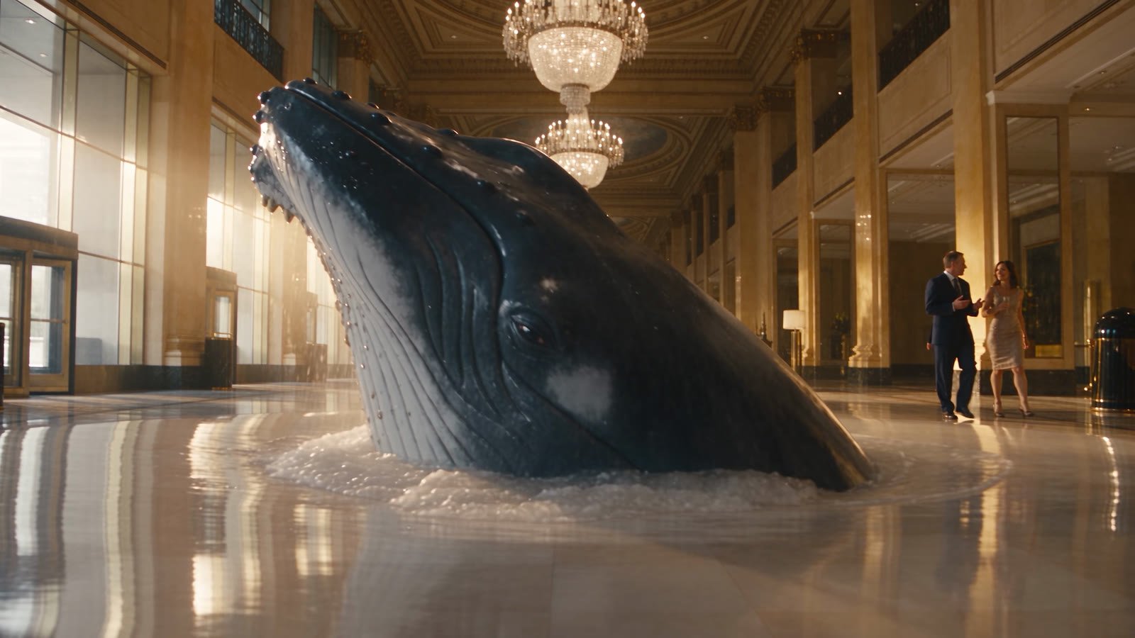 A humpback whale surfacing through the marble floor of a grand lobby