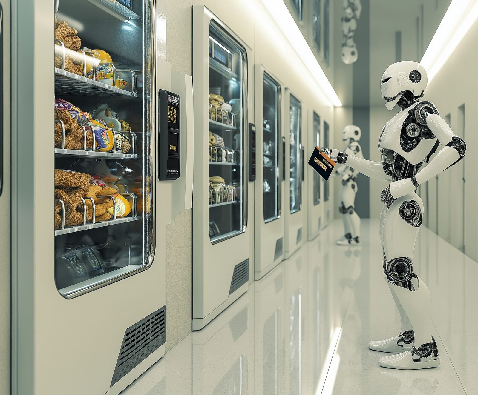 A humanoid robot at a vending machine in a white corridor