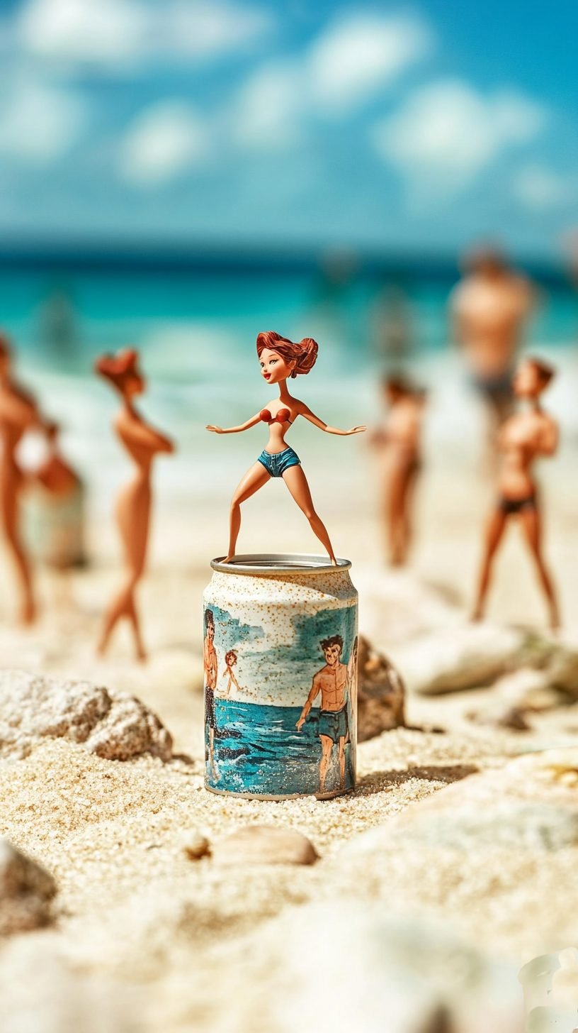 Tiny figures on a beach around a drink can