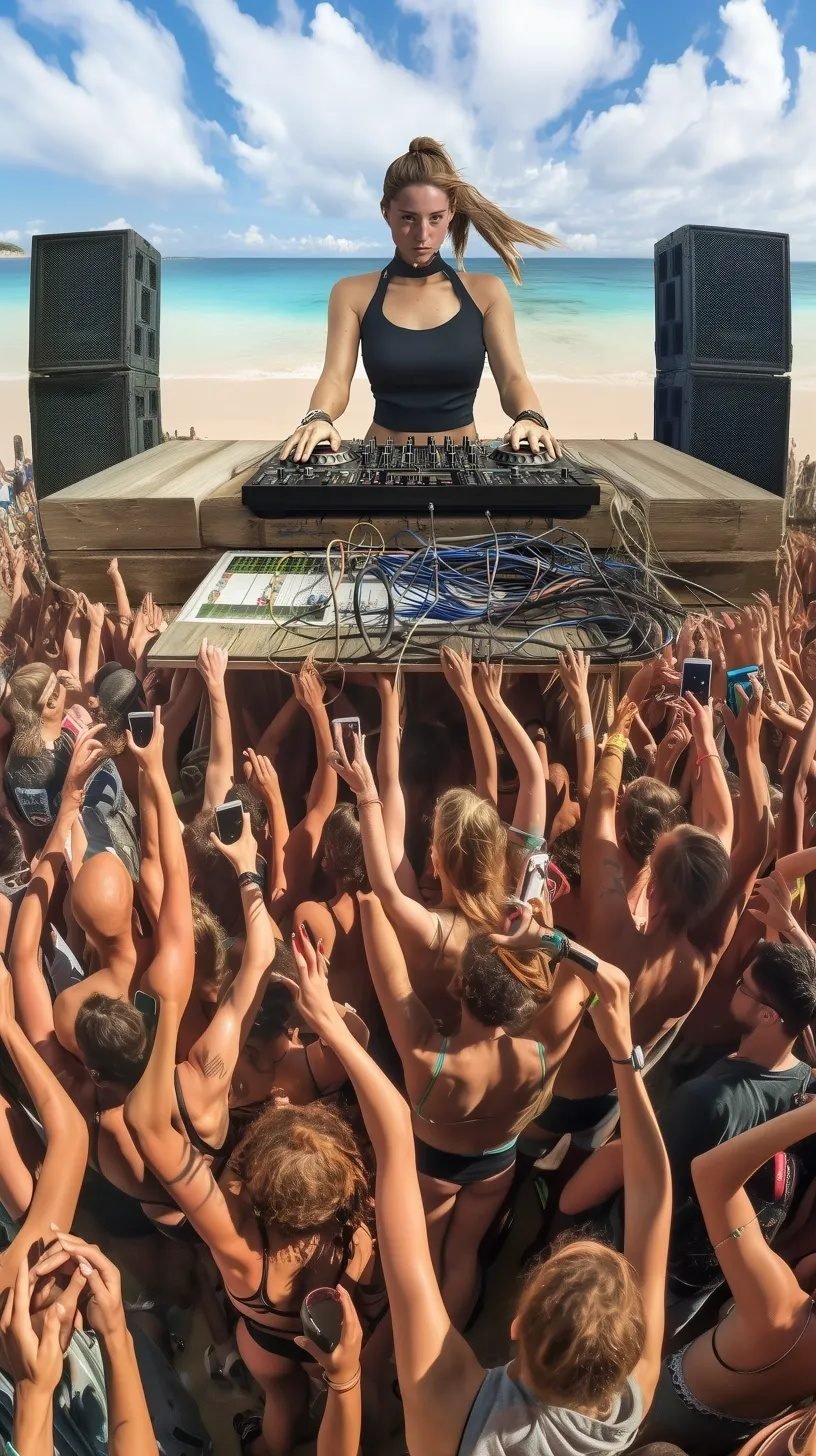 A DJ plays to a crowd on a beach stage